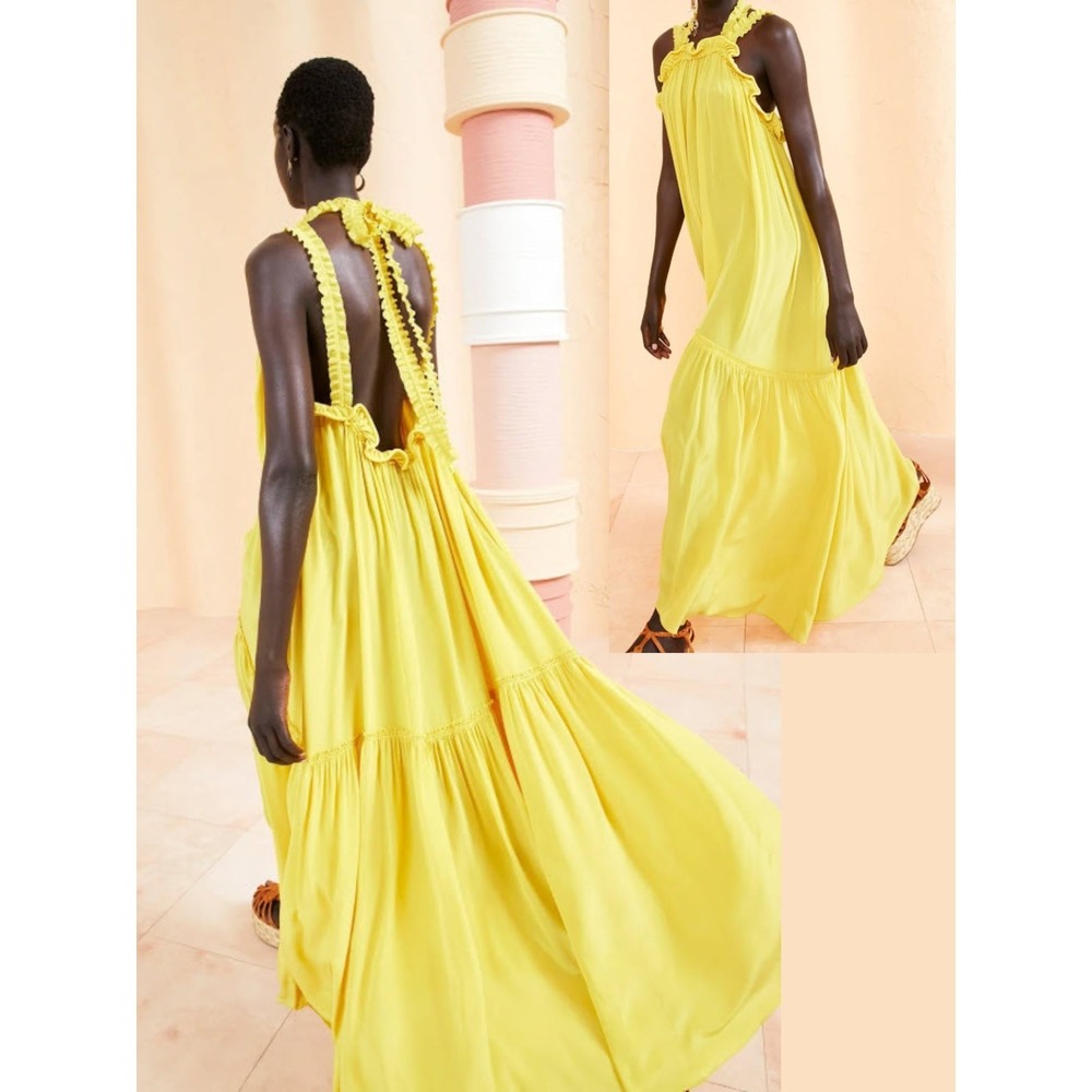 Ulla‎ Johnson Maxi Dress Yellow Silk Crepe Halter Open Back Gown Formal 14